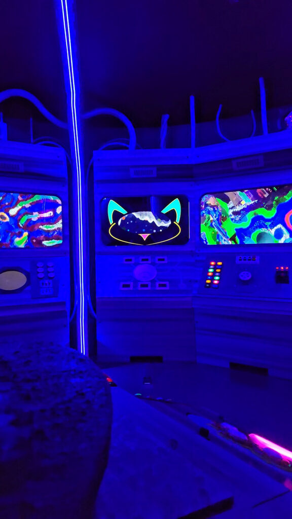 The interior of a feline driving space craft art piece at Fairgrounds St. Pete